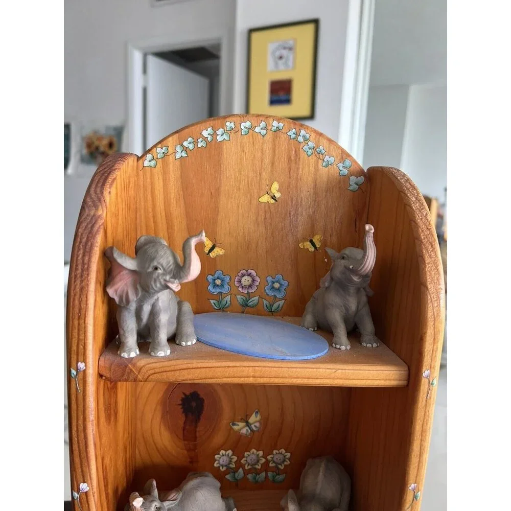 Vintage Elephant Handmade Painted Flowers Wood Shelf Three Tiers 18.5” Tall Fig